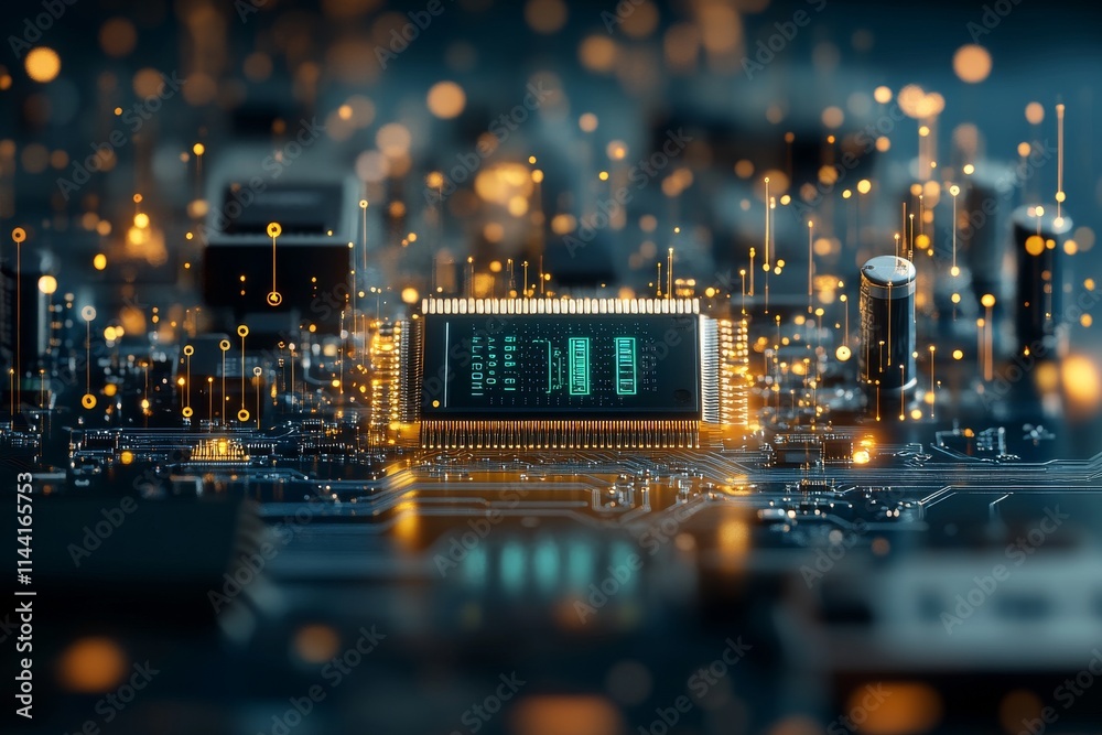 Poster electronic circuit board featuring a microchip with glowing connections and data pathways in a high-