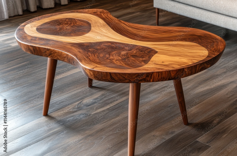 Poster A coffee table made of walnut wood, with an organic shape and visible grain patterns that give it a natural look. The legs have a simple design and add to the overall elegance of the piece.