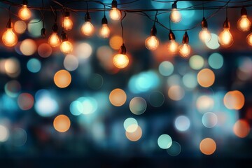 Colorful string lights illuminate a lively urban atmosphere during a nighttime gathering