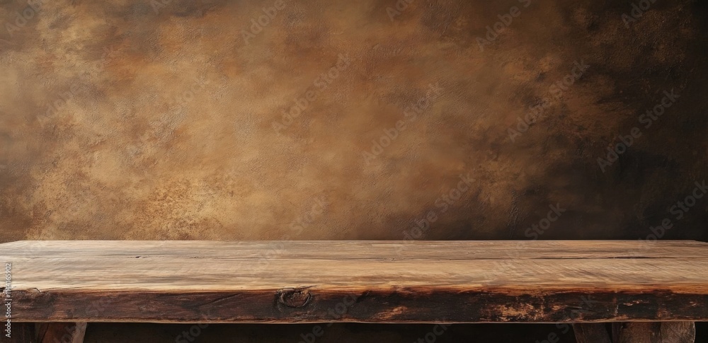 Poster Empty rustic wooden table against a brown background, suitable for product display or presentation. The background is a plain brown wall.