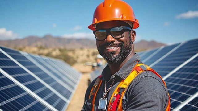 Solar Energy Professional: Portrait of a smiling Black male engineer in an orange hard hat and safety glasses, standing proudly amidst rows of solar panels.