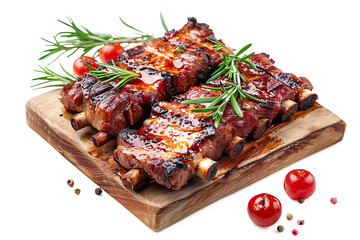  Barbecued meat on square wooden flat on a transparent background