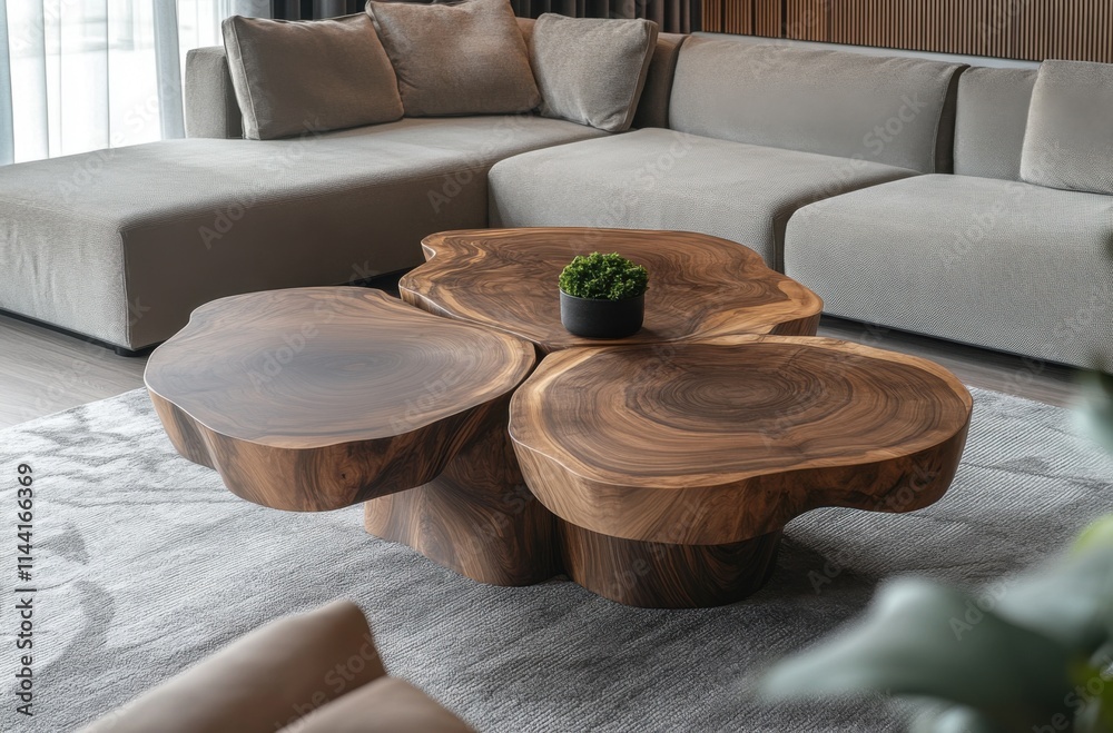 Poster Unique and beautiful walnut coffee table with three tree trunk shaped tables placed in the center of an elegant living room showcases its organic shape, natural texture, warm lighting and soft colors.