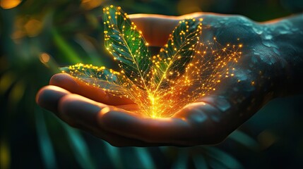 Palm holding sapling glowing digital grid network symbolizing fusion technology nature fostering environmental sustainability showcasing green future supported by innovation