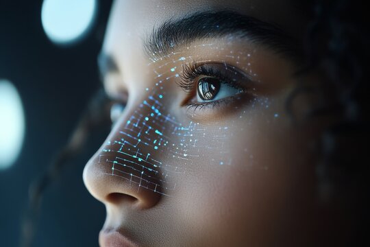 Young woman with digital patterns on her face explores technology and identity in a modern setting
