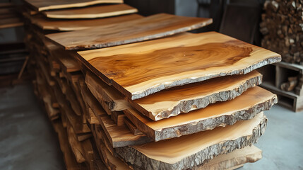 Natural wooden boards and logs at the sawmill