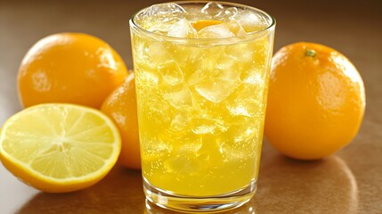 Refreshing glass of iced orange juice with whole and sliced citrus fruits background on a wooden surface