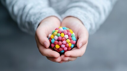 Child's hands holding colorful candy sphere.