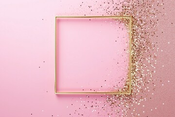 Pale pink square 3d background mockup shape with gold frame and shiny glitter. 