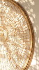 Close-up of a circular woven wall decor with sunlight patterns.