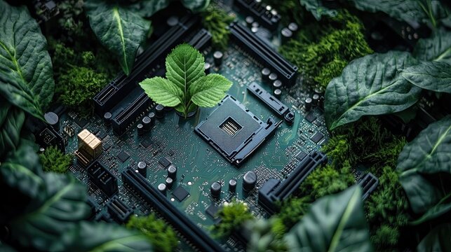 Plant growing motherboard representing sustainable green technology symbolizing integration environmental consciousness digital innovation creating green tech ecosystem future