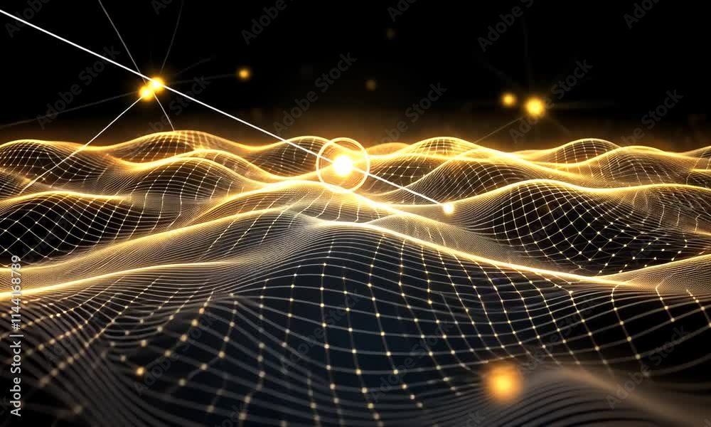 Poster immerse in a synthesis of light and shadow as golden wave patterns flow gracefully, creating a mesme