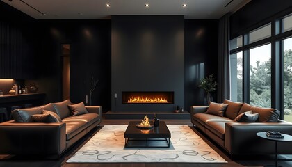 Modern Minimalist Living Room Interior Design with Fireplace and Luxury Leather Furniture