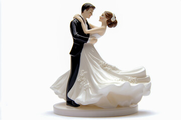 A wedding cake topper of bride and groom dancing, white background, photography, product shot