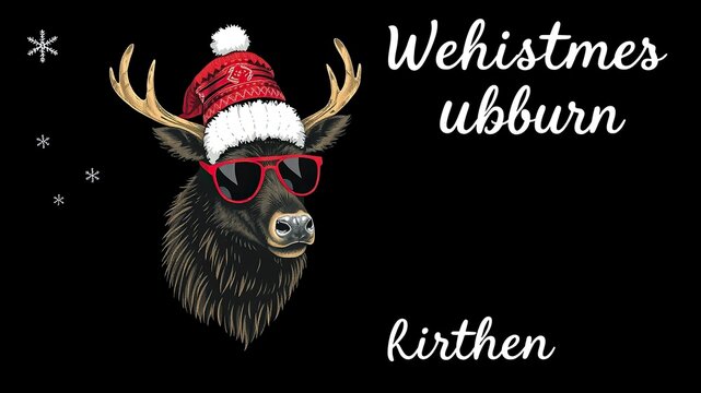 Frohe Weihnachten Urlaub Winter Hintergrund Gru&szlig;karte mit deutschem Text - Witziger Hirsch mit rausgestreckter Zunge und Nikolausm&uuml;tze Weihnachtsmannm&uuml;tze, isoliert auf blauem Hintergrund
