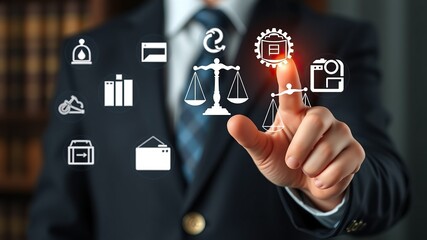 Legal Professional with Justice Icons. A suited legal professional touches virtual icons symbolizing law, justice, and legal services. business legislation, Notary public, legal advice online, Lawyer