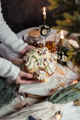 Cinnabon with marshmallows, buttercream and nuts on a festive table, Scandinavian style, Scandinavian Christmas