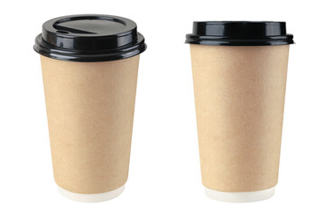 Set of classic paper coffee cups isolated on white background, photographed from different angles. Studio shot, full focus..