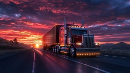 A truck racing along the highway at sunset, carrying cargo across the nation, symbolizing the power and efficiency of road freight transportation.