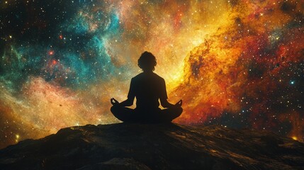 Meditative Silhouette Against A Cosmic Nebula Background