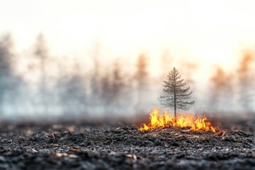 Burning landscape with a single tree surrounded by flames at sunset in a dramatic rural setting