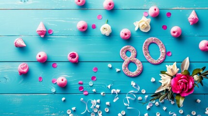 Cheerful and festive celebration card featuring the number 80 with pink glitter, surrounded by decorative elements, flowers, and vibrant accents on a blue wooden background.