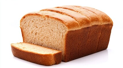 Bread Loaf: A fresh loaf of whole wheat bread with a golden brown crust and soft interior, isolated on a white background. 