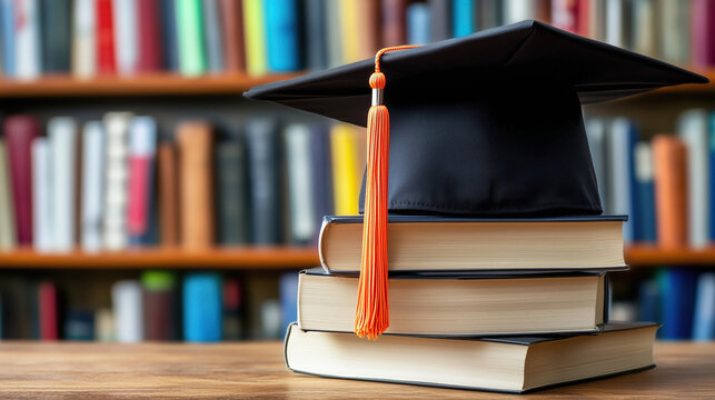 Graduation cap placed on top of stacked books in a study area surrounded by shelves