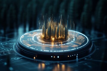 Digital forest concept showcasing glowing trees in a futuristic circular design amidst a dark background