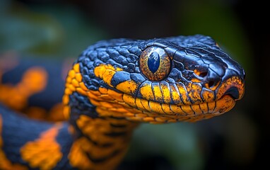 Obraz premium Close-up of a vibrant, black and orange snake's head, showcasing intricate scales and intense gaze.