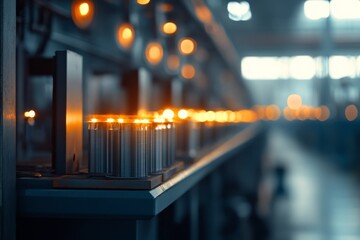 Battery production process in a modern facility with rows of cells and bright lights