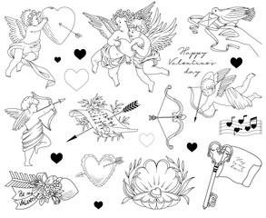 Set of hand drawn vector line art elements to Valentine's Day, isolated romantic line drawing illustrations (hearts, arrows, bow, wings, cupids), design for cards and invitations