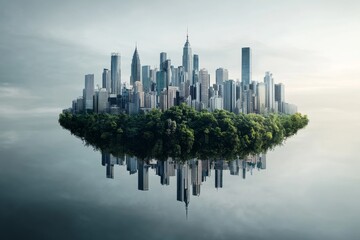 Fototapeta premium Floating cityscape with greenery reflecting on calm water in the early morning light