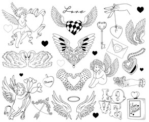 Set of hand drawn vector line art elements to Valentine's Day, isolated romantic line drawing illustrations (hearts, wings, swans, cupids), design for cards and invitations