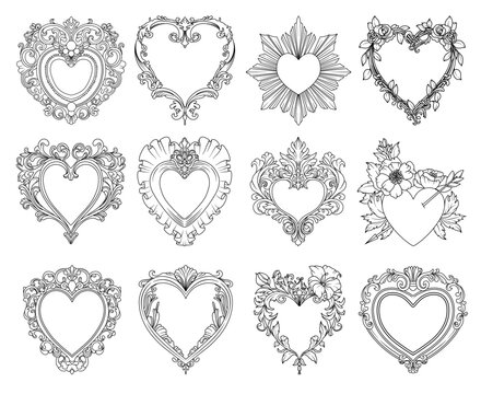 Set of hand drawn vector line art vintage hearts, isolated elements, line drawing wedding illustrations or design to Valentine's Day cards