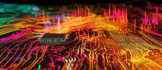 Colorful circuit board with a CPU, data flow visualization.