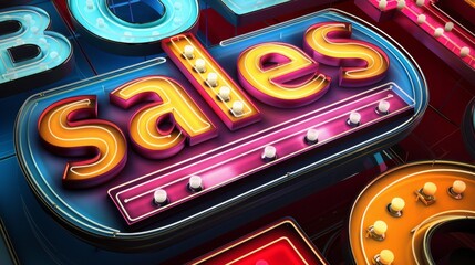 Bright and colorful "Sales" neon sign with vibrant lighting effects and retro design for a lively promotional aesthetic.