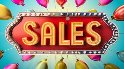 Vibrant "Sales" neon sign with colorful balloons for festive promotional advertising.