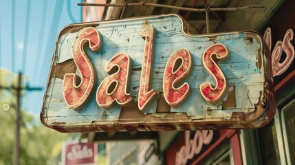 Vintage weathered "Sales" sign with rustic textures and classic red typography for storefront decor.