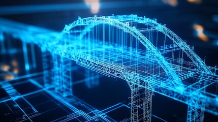 Digital blueprint of an arch bridge structure.