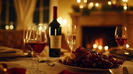 A table set for an elegant dinner with red wine, sparkling water, and a fruit platter.