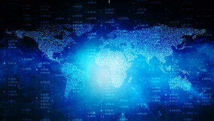 Digital business data with world map illustration.