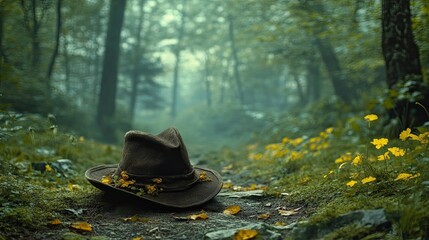 Robin Hood Hat Mysterious Forest Setting: Adventure-Themed Photography Featuring Iconic Robin Hood Hat Worn Mystical Forest Natural Light Atmospheric Elements Fantasy Adventure Art