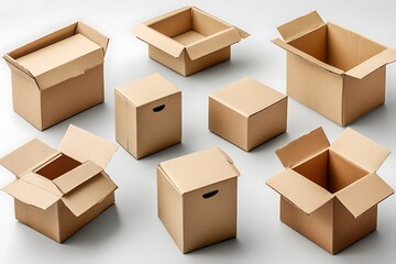 collection of various cardboard boxes on white background