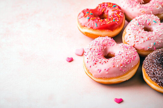 Glazed donuts with heart-shaped topping for Valentine's Day, red hearts next to them, light background, free space for text
