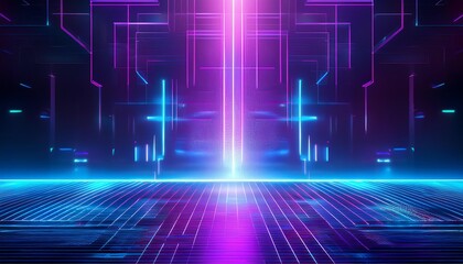 Obraz premium A vibrant, futuristic scene featuring neon lights and a digital grid, evoking a high-tech, cybernetic atmosphere.
