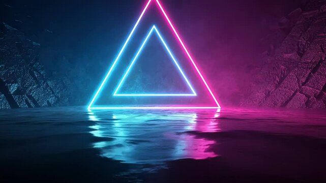 Electric Triangle A vibrant glowing triangle pulsates in neon pink and blue hues with a glitch effect that creates a ripple of distorted pixels across its surface as if time itself