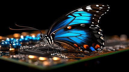 A digital butterfly on a computer chip represents the butterfly effect in technology, demonstrating how minor adjustments to circuitry or code can result in significant