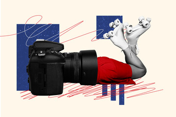 Composite trend artwork sketch image photo collage of caricature bodyless incognito leg roller skates retro rider shooting photocamera
