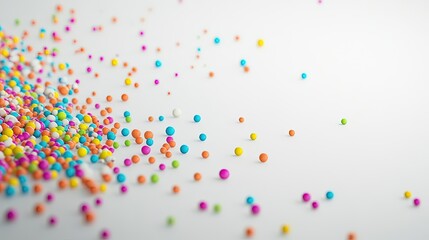 Colorful small balls scattered on white surface.